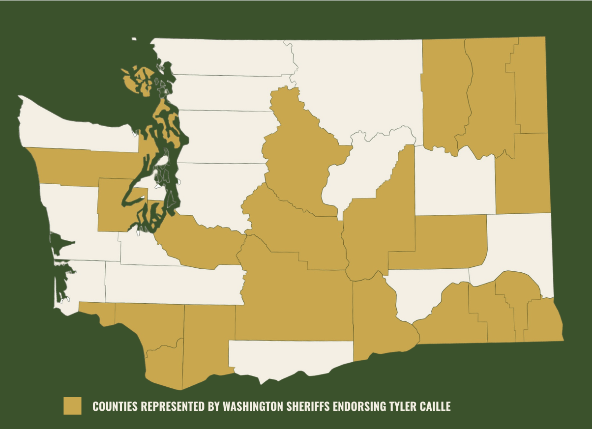 Washington map highlighting counties represented by sheriffs endorsing Tyler Caille